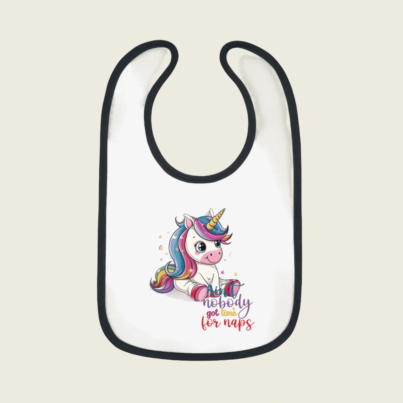Magical Unicorn Baby Bib for Girls & Boys – Cute Rainbow “No Time for Naps” by Sense Serenity White_Black 1.webp