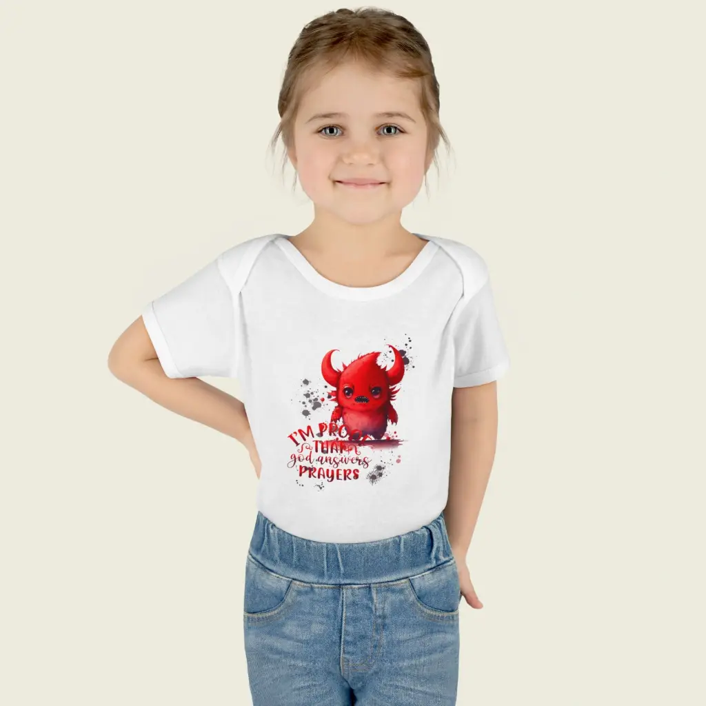 Cute Red Monster Baby Bodysuit - I'm Proof That God Answers Prayers White 4.webp