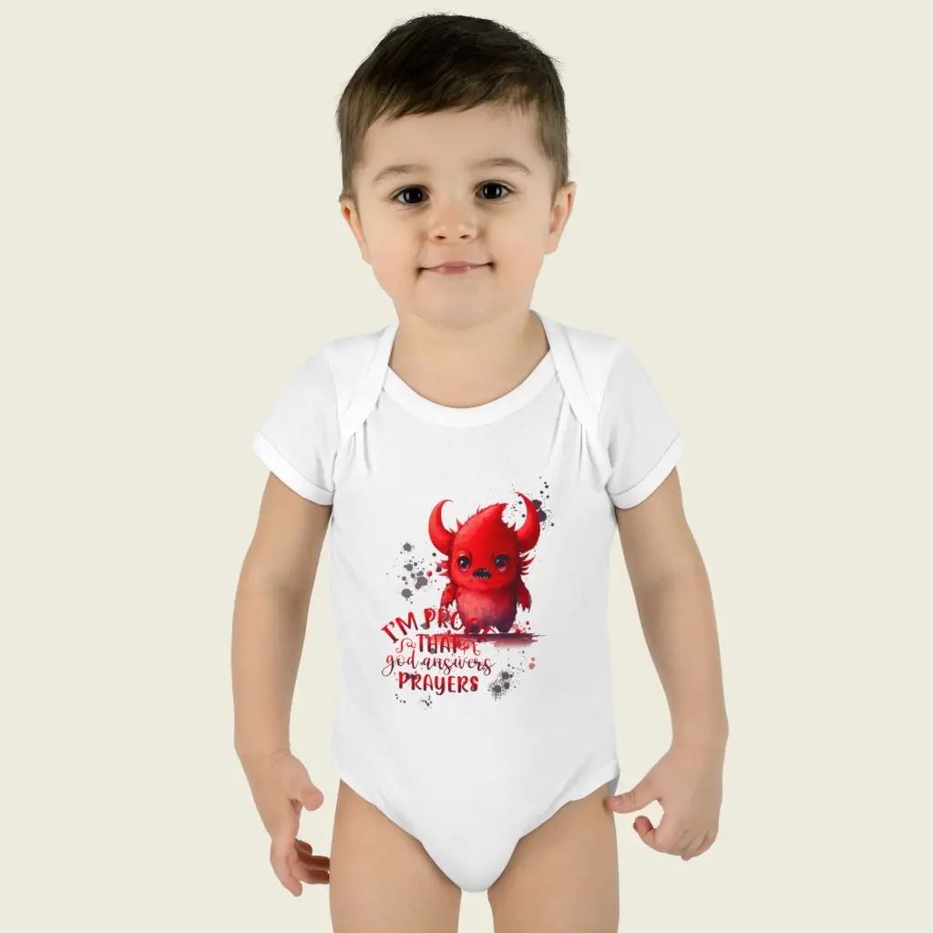 Cute Red Monster Baby Bodysuit - I'm Proof That God Answers Prayers White 3.webp