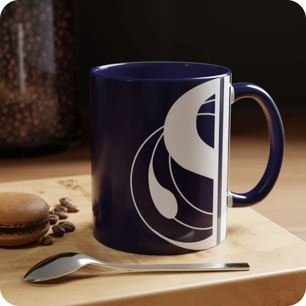 Serenity Navy Elegant Ceramic Coffee Mug 11oz product on the table