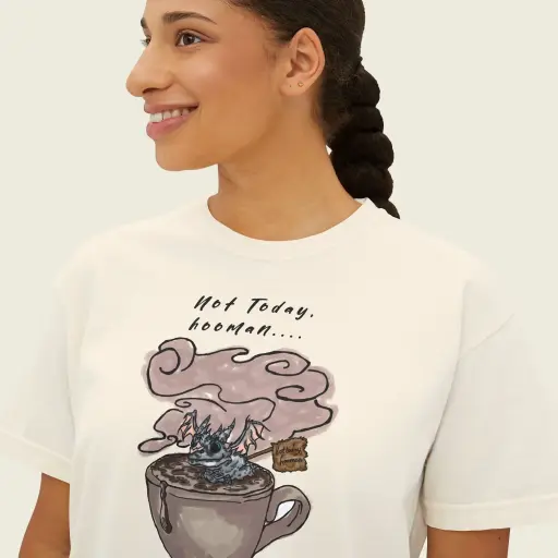 “Not Today, Hooman” – Women’s Boxy Fit Tee with Coffee Dragon Design | Artwear from Sense Serenity